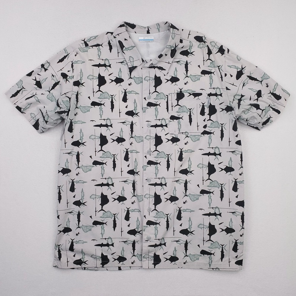 Columbia PFG Shirt Mens Extra Large Gray Black Hawaiian Fish Mahi Mahi Vented